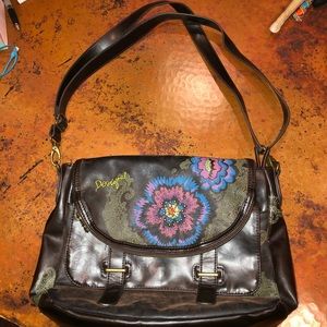 brown leather floral desigual purse